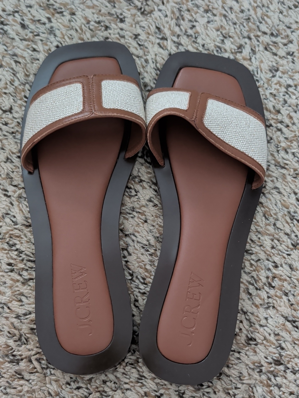 J. Crew Brown and Cream Slide Sandals with Textured Straps